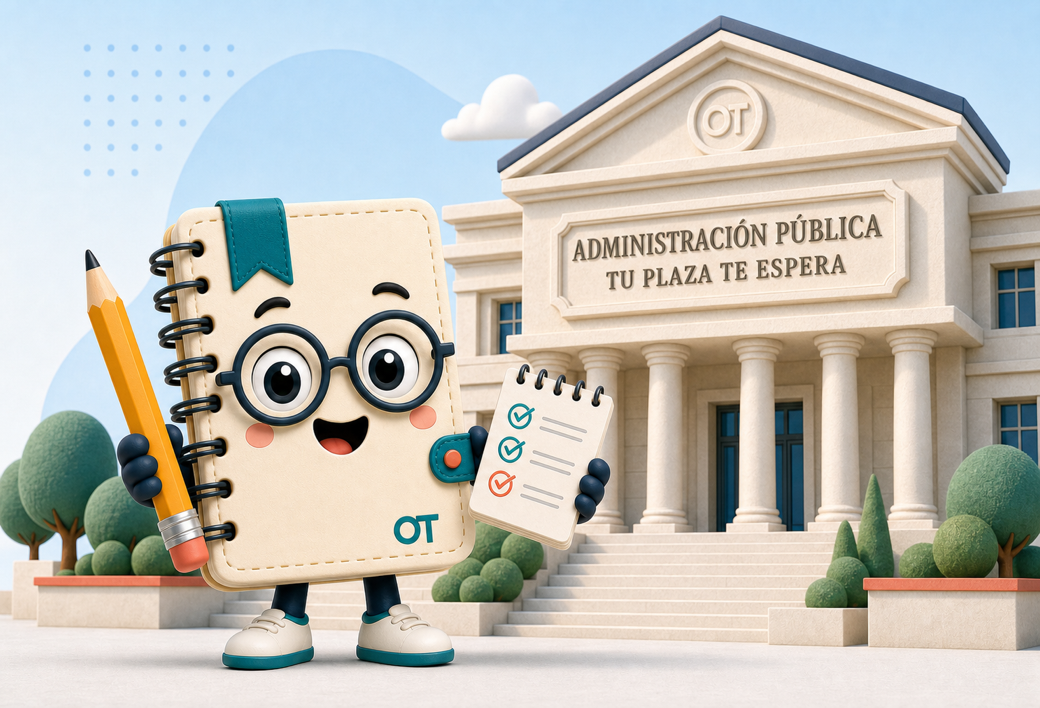 Mascota de Opotips, un cuaderno con gafas, delante de un edificio con rótulo Administración Pública